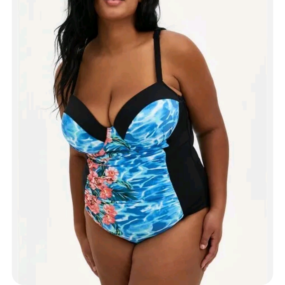 Torrid Blue & Black Tropical Beach Surf One Piece Push Up Swimsuit Size…
